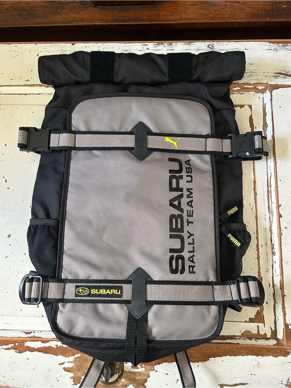Puma Subaru Rally Team USA Backpack in Black and Gray with Yellow Accents